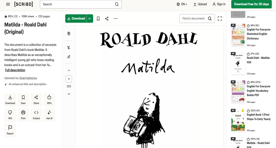 رواية Matilda باللغة الإنجليزية